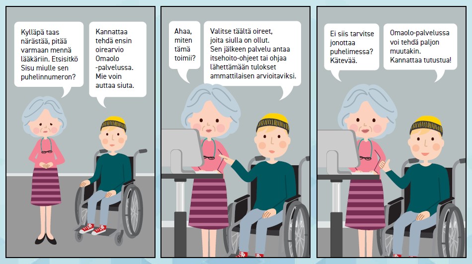 Sarjakuva, jossa vanhempi nainen ja pyörätuolissa istuva poika keskustelevat terveyspalveluista. Nainen valittelee närästystä ja aikoo mennä lääkäriin. Poika neuvoo häntä tekemään ensin oirearvion Omaolo-palvelussa.