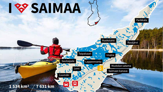 Etelä-Karjalan kartta, jonka takana on kuva melojasta Saimaalla. Ylhäällä on teksti "I love Saimaa".